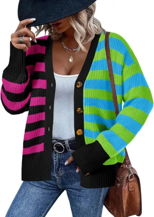 Saodimallsu Womens Striped Cardigans Color Block Button V Neck Open Front Ribbed Knit Loose Trendy Sweater Coats