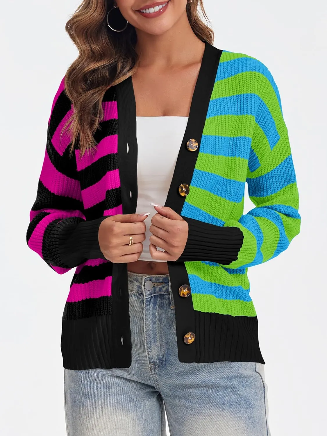 Saodimallsu Womens Striped Cardigans Color Block Button V Neck Open Front Ribbed Knit Loose Trendy Sweater Coats