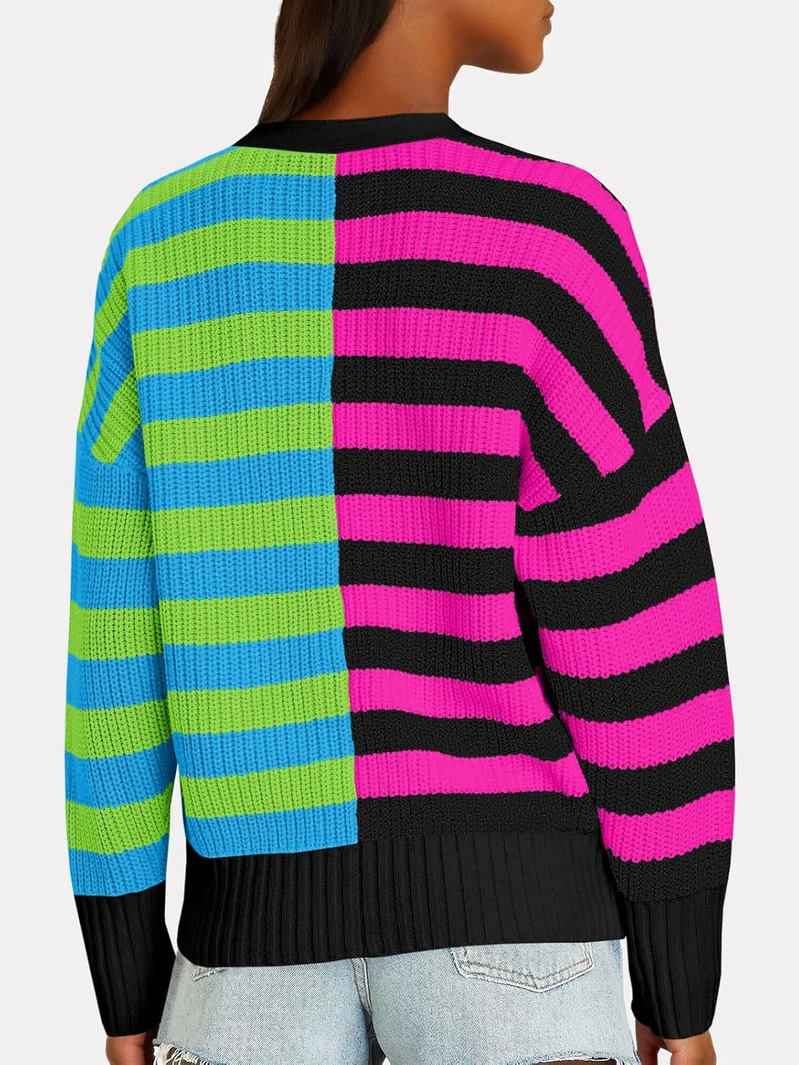 Saodimallsu Womens Striped Cardigans Color Block Button V Neck Open Front Ribbed Knit Loose Trendy Sweater Coats
