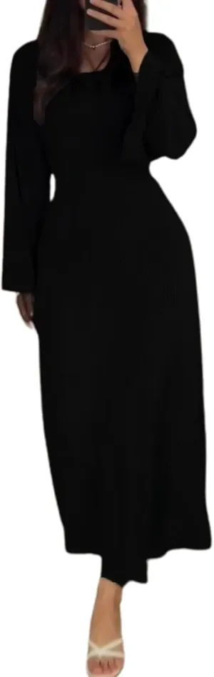 Womens Ribbed Knit Bell Long Sleeve Maxi Sweater Dress Casual Round Neck High Waist Plain Bodycon Pleated Long Dress