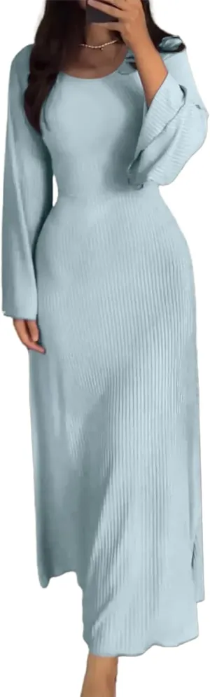 Womens Ribbed Knit Bell Long Sleeve Maxi Sweater Dress Casual Round Neck High Waist Plain Bodycon Pleated Long Dress