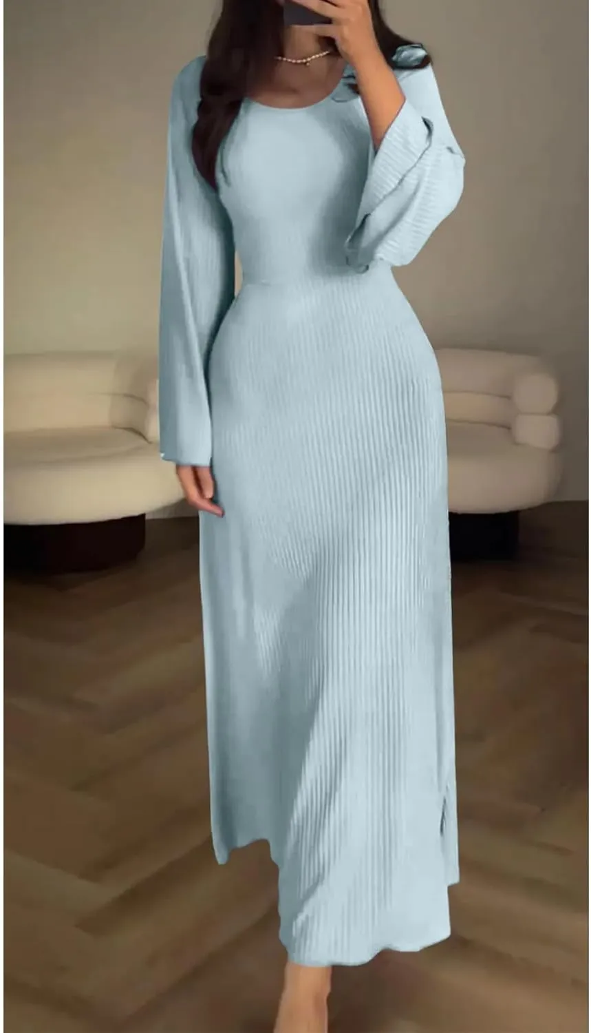Womens Ribbed Knit Bell Long Sleeve Maxi Sweater Dress Casual Round Neck High Waist Plain Bodycon Pleated Long Dress