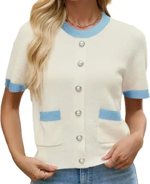 Women's Short Sleeve Sweater Summer Crew Neck Cropped Color Block Tops Casual Knit Shirts with Pockets