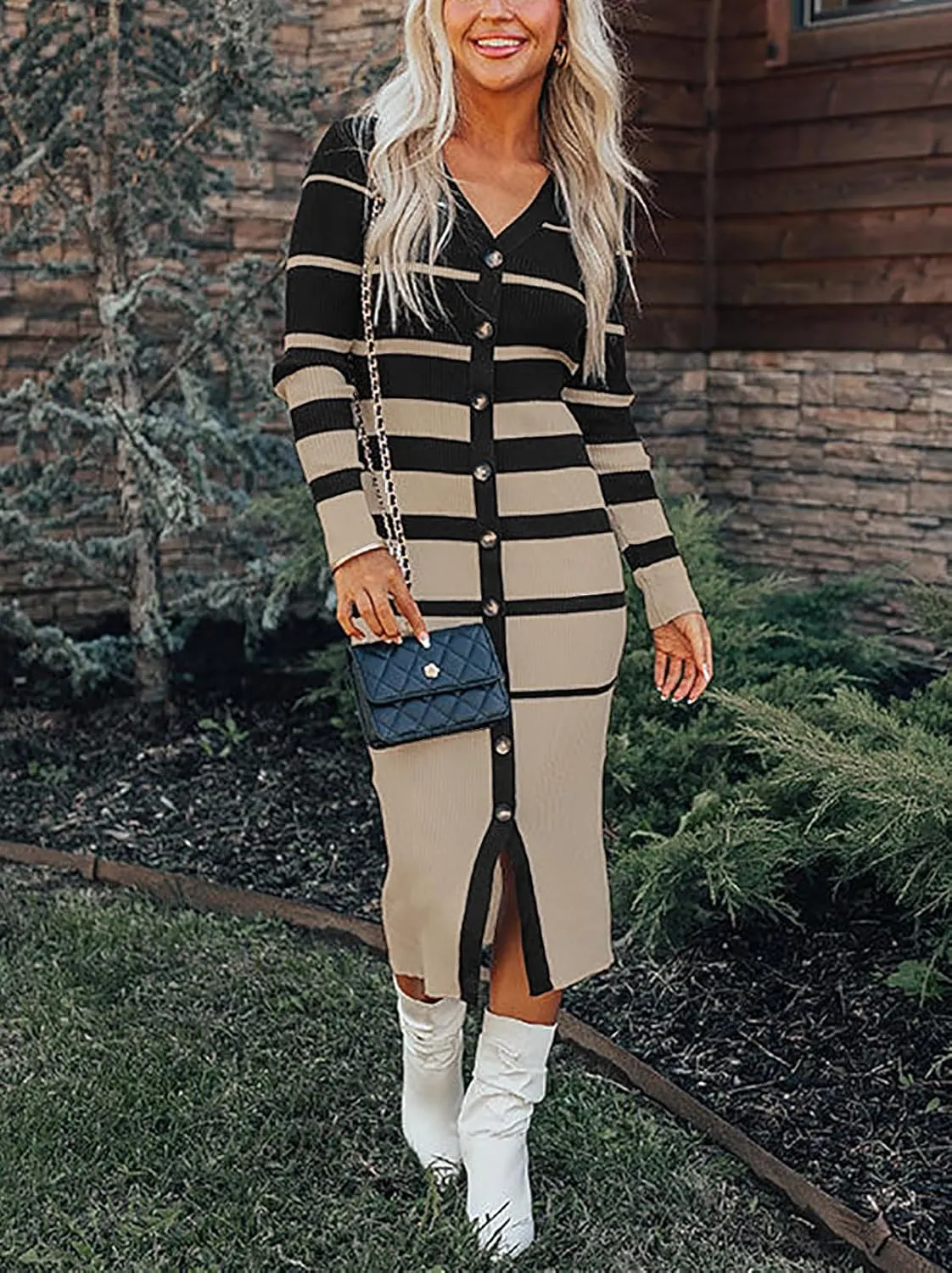 Women's Striped Sweater Dress 2025 Fall Long Sleeve V Neck Button Down Ribbed Knit Midi Bodycon Party Dresses