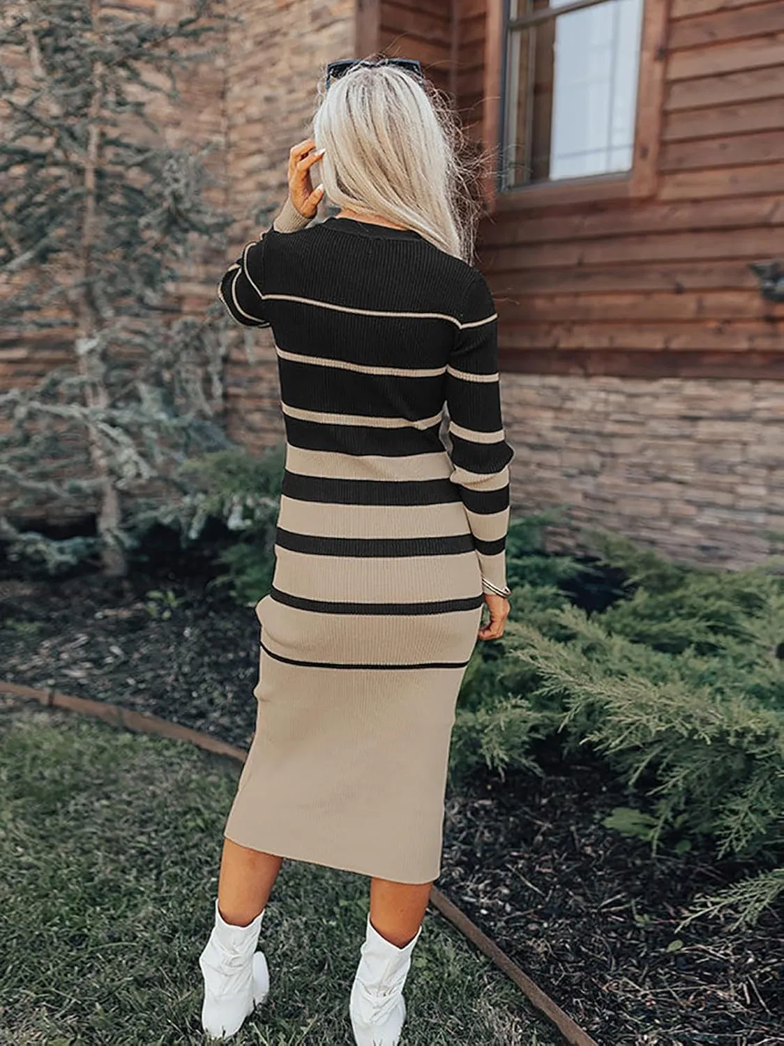 Women's Striped Sweater Dress 2025 Fall Long Sleeve V Neck Button Down Ribbed Knit Midi Bodycon Party Dresses