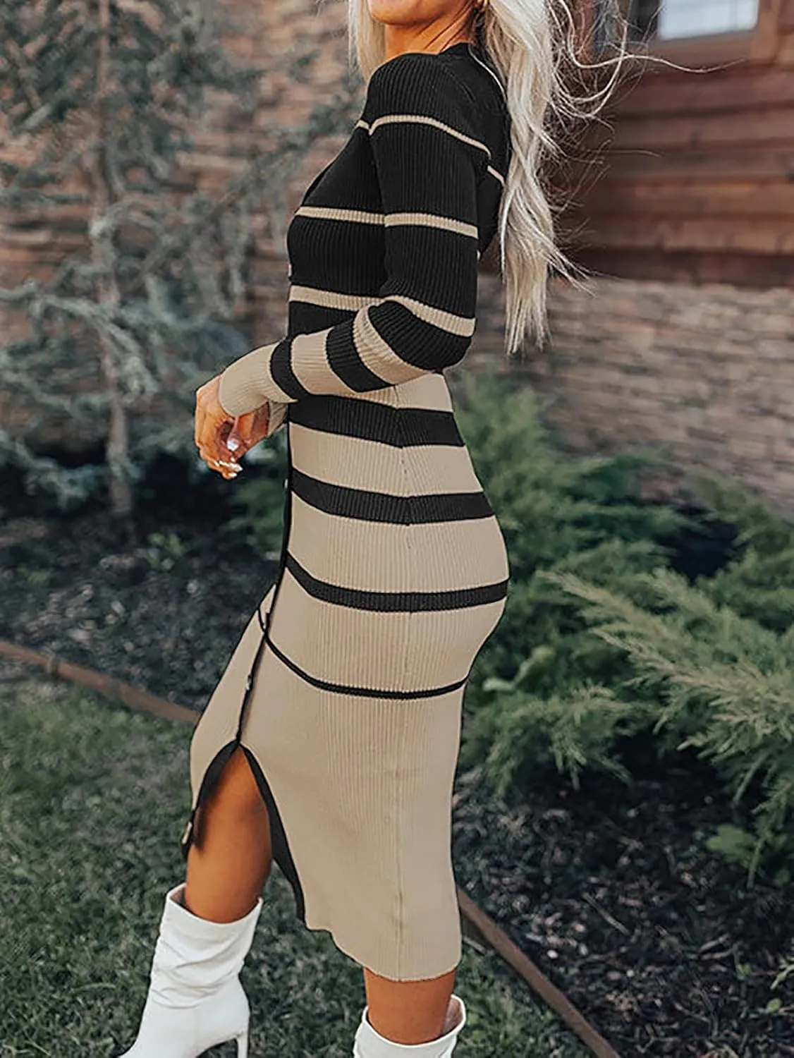 Women's Striped Sweater Dress 2025 Fall Long Sleeve V Neck Button Down Ribbed Knit Midi Bodycon Party Dresses