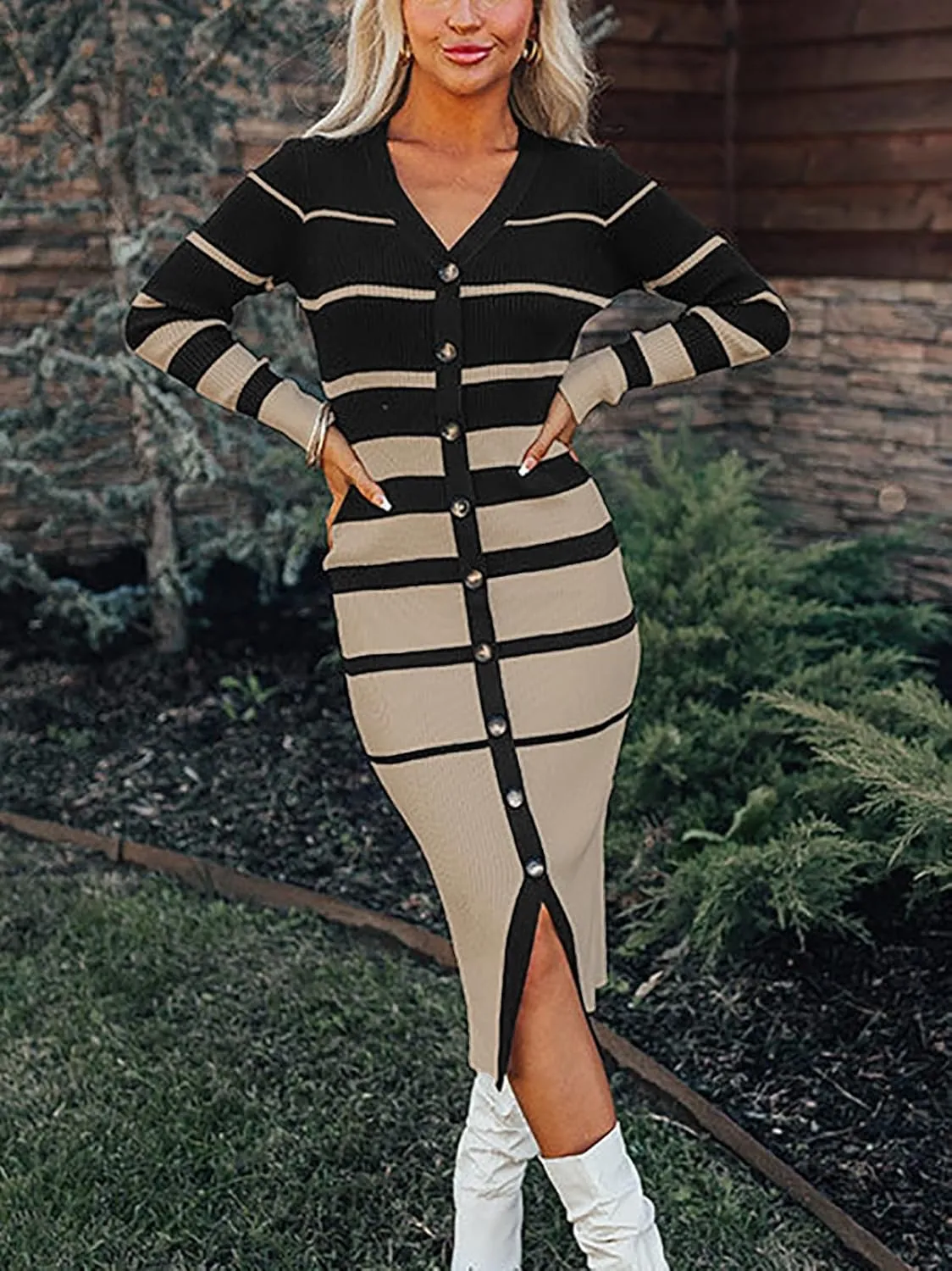 Women's Striped Sweater Dress 2025 Fall Long Sleeve V Neck Button Down Ribbed Knit Midi Bodycon Party Dresses