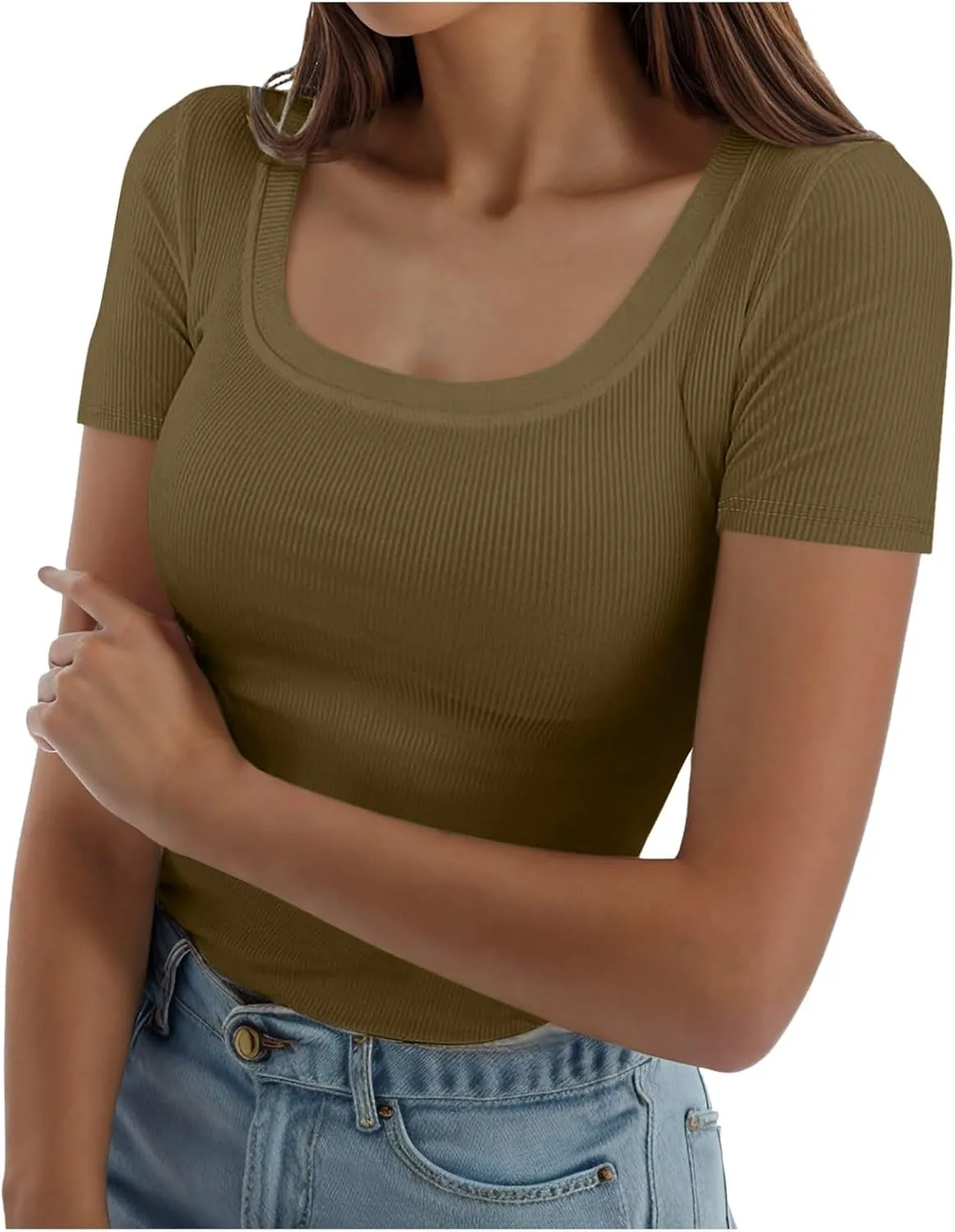 Womens Summer Short Sleeve Tops Square Neck Ribbed Slim Fitted Shirts Casual Tee Tshirt Couples Christmas Shirts