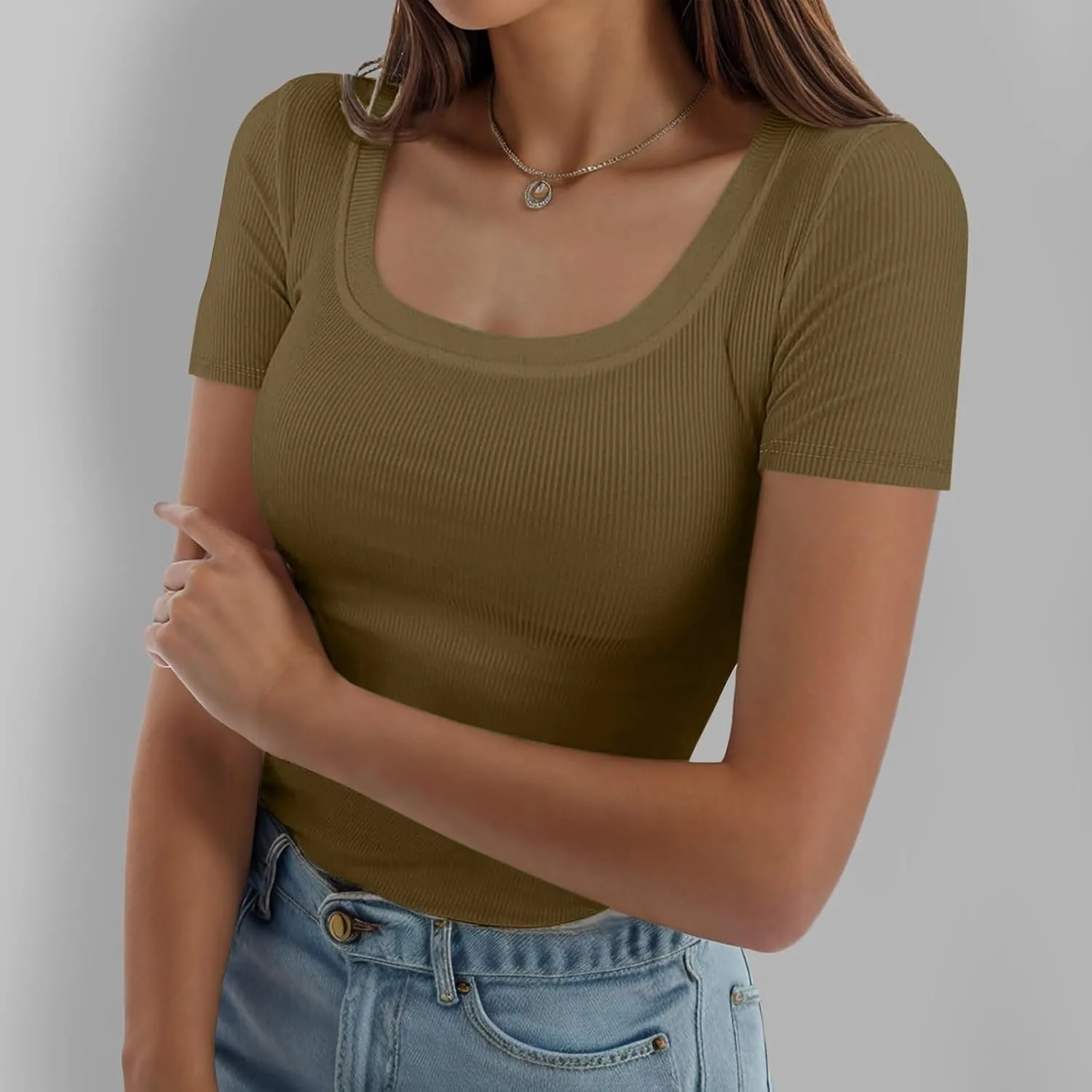 Womens Summer Short Sleeve Tops Square Neck Ribbed Slim Fitted Shirts Casual Tee Tshirt Couples Christmas Shirts