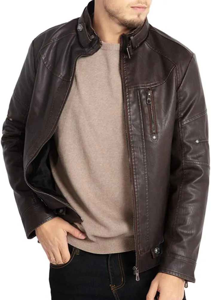 WULFUL Men's Vintage Stand Collar Leather Jacket Motorcycle PU Jacket and Coat