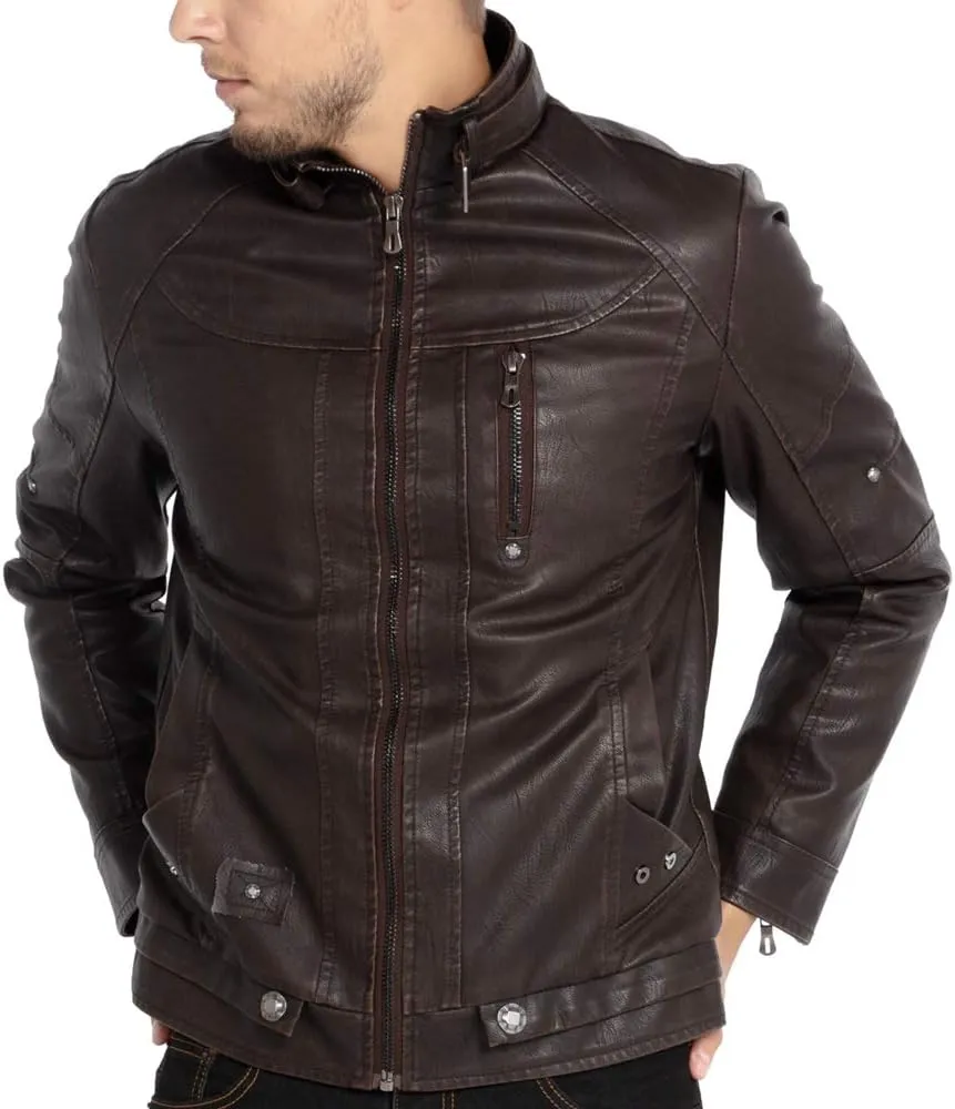 WULFUL Men's Vintage Stand Collar Leather Jacket Motorcycle PU Jacket and Coat