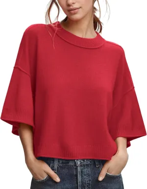 ZDC Women's Oversized Sweaters Summer 3/4 Sleeve Casual Cropped Tops Lightweight Loose Fit Knit Pullover