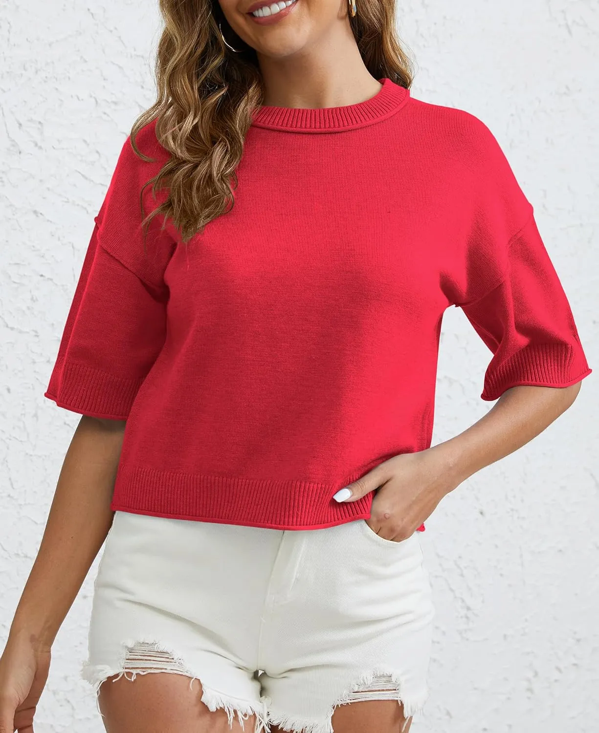 ZDC Women's Oversized Sweaters Summer 3/4 Sleeve Casual Cropped Tops Lightweight Loose Fit Knit Pullover