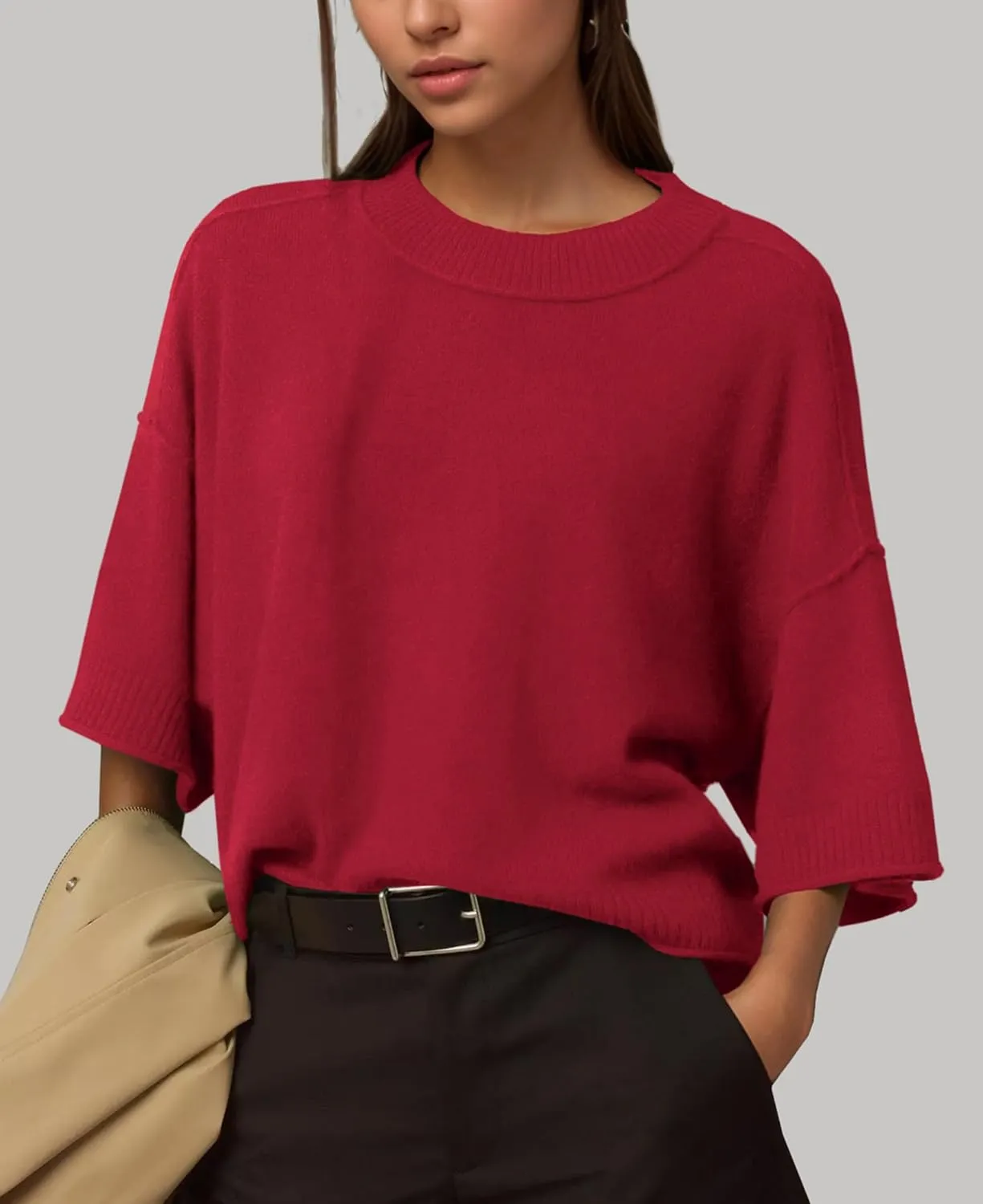 ZDC Women's Oversized Sweaters Summer 3/4 Sleeve Casual Cropped Tops Lightweight Loose Fit Knit Pullover