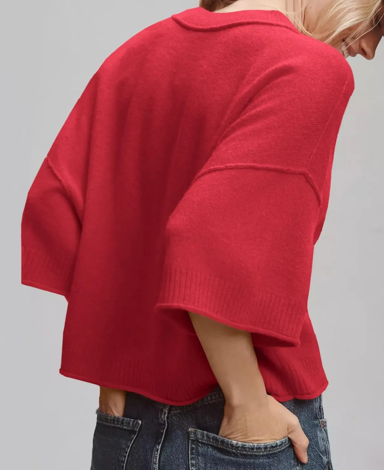 ZDC Women's Oversized Sweaters Summer 3/4 Sleeve Casual Cropped Tops Lightweight Loose Fit Knit Pullover